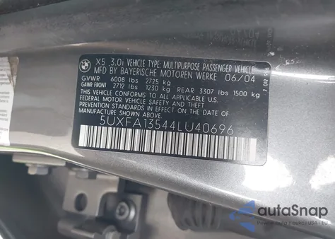 2004 BMW X5 3.0I z USA, uszkodzony, nr VIN 5UXFA13544LU40696